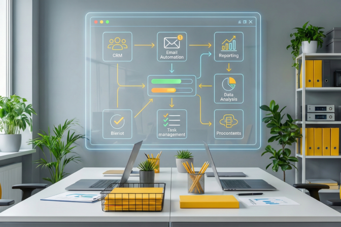Business automation systems showing connected workflows, data flows, and operational efficiency