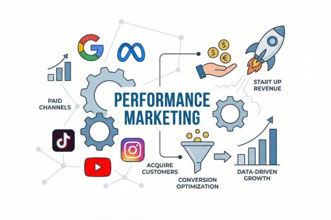 Performance marketing analytics showing growth metrics, conversions, and campaign optimization